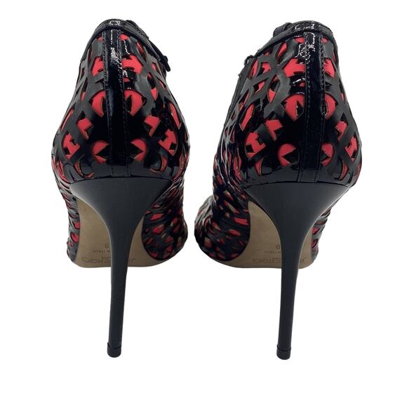JIMMY CHOO TACTIC Laser Cut BLACK GERANIUM PATENT LEATHER PEEP-TOE PUMP Bootie - Picture 8 of 14